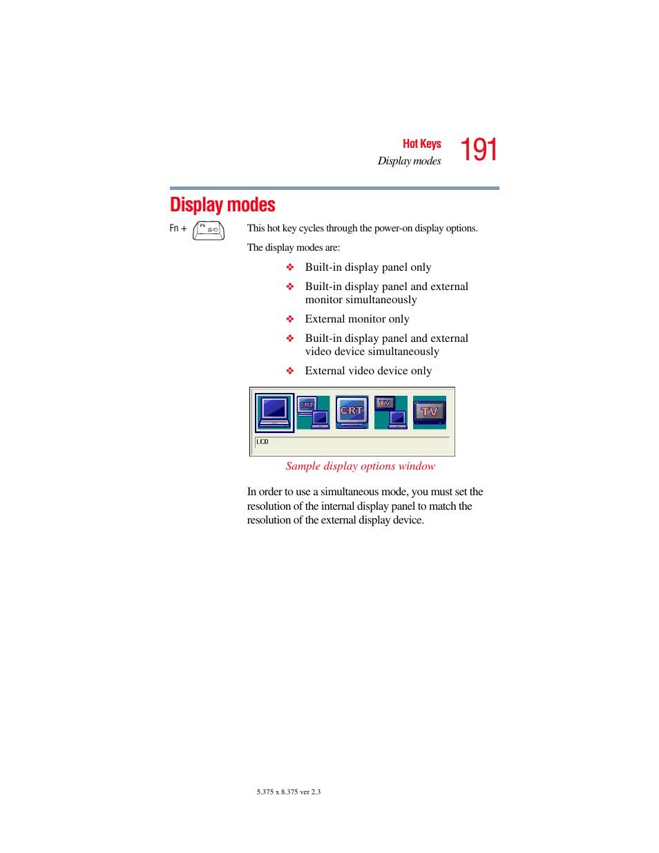 Display modes | Toshiba SATELLITE M30X User Manual | Page 191 / 231