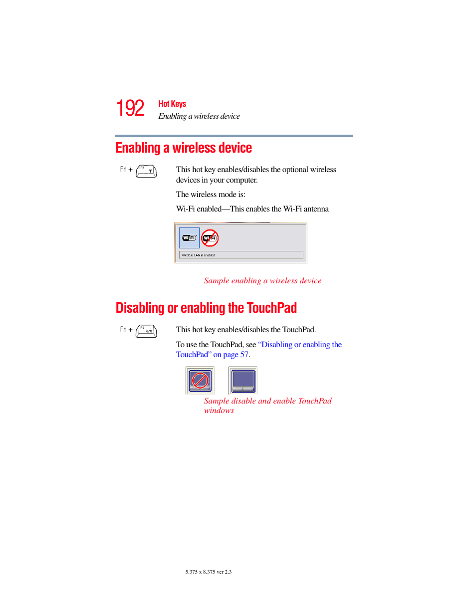 Enabling a wireless device, Disabling or enabling the touchpad | Toshiba SATELLITE M30X User Manual | Page 192 / 231