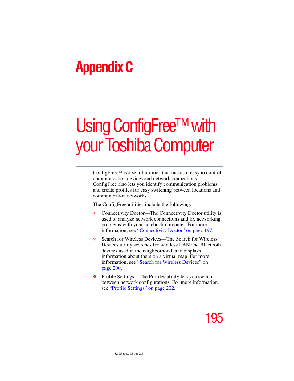 Appendix c: using configfree™ with your, Toshiba computer, Using configfree™ with your toshiba computer | Appendix c | Toshiba SATELLITE M30X User Manual | Page 195 / 231