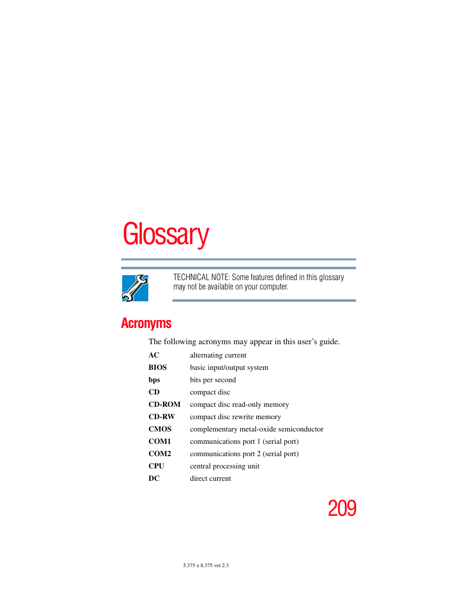 Glossary, Acronyms | Toshiba SATELLITE M30X User Manual | Page 209 / 231