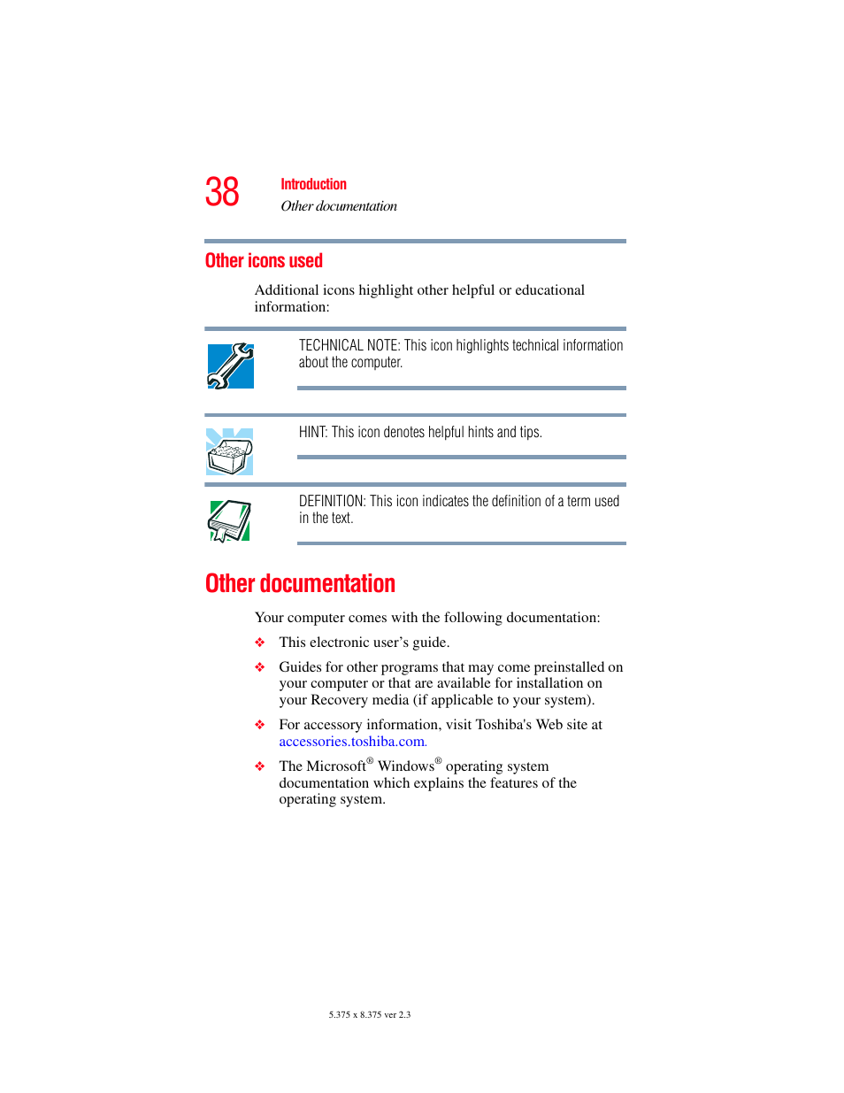 Other icons used, Other documentation | Toshiba SATELLITE M30X User Manual | Page 38 / 231