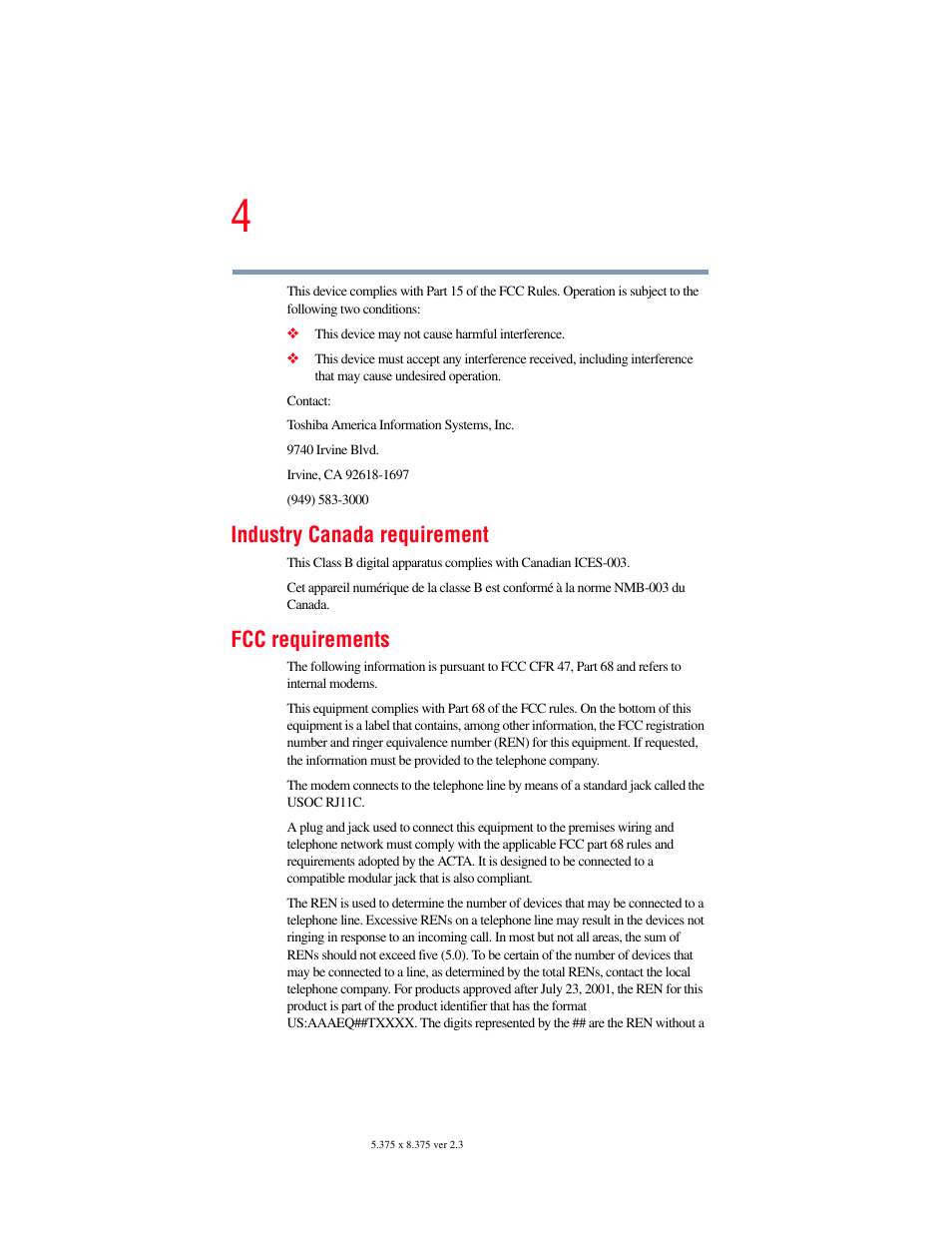 Industry canada requirement, Fcc requirements | Toshiba SATELLITE M30X User Manual | Page 4 / 231