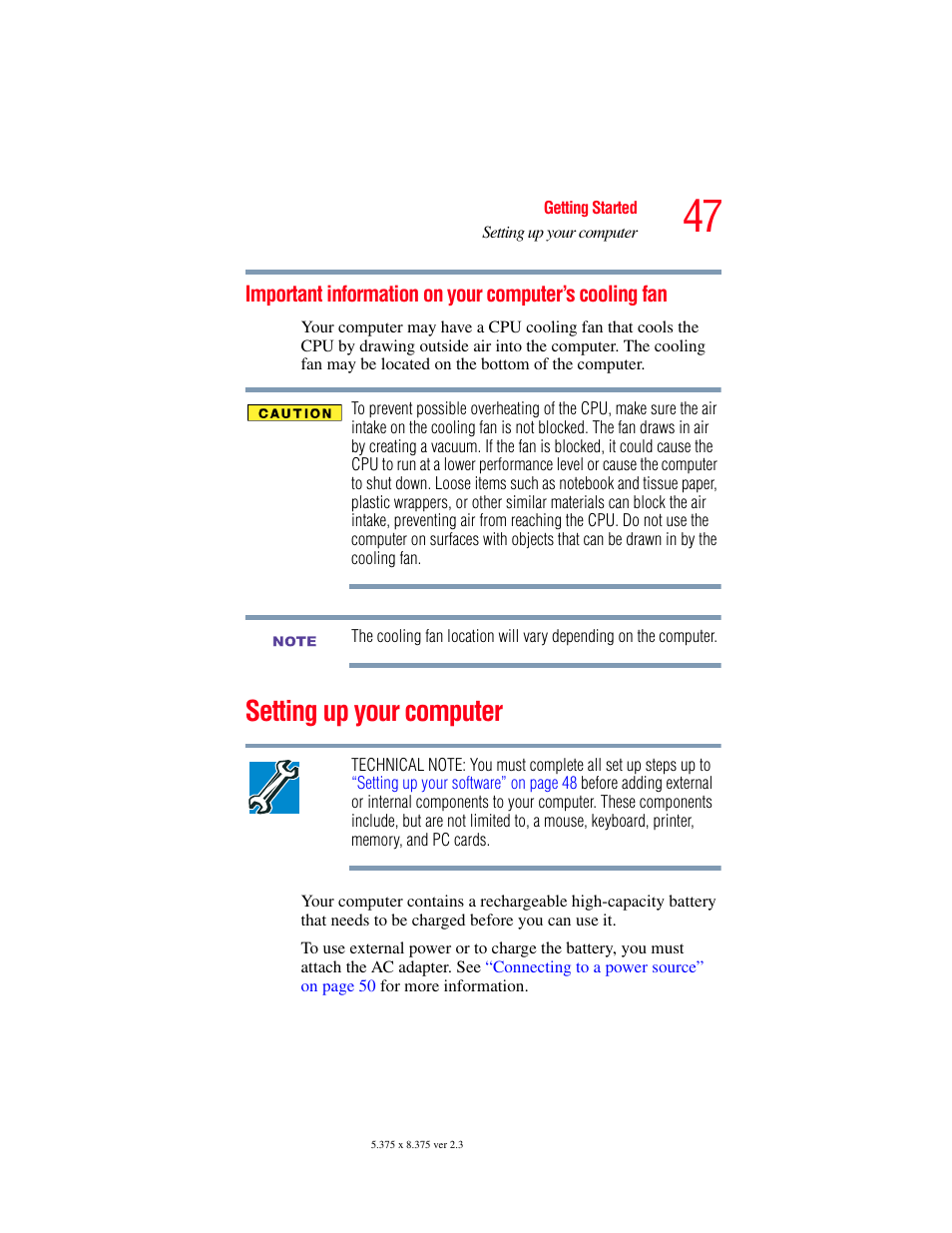 Setting up your computer, Important information on your computer’s, Cooling fan | Toshiba SATELLITE M30X User Manual | Page 47 / 231