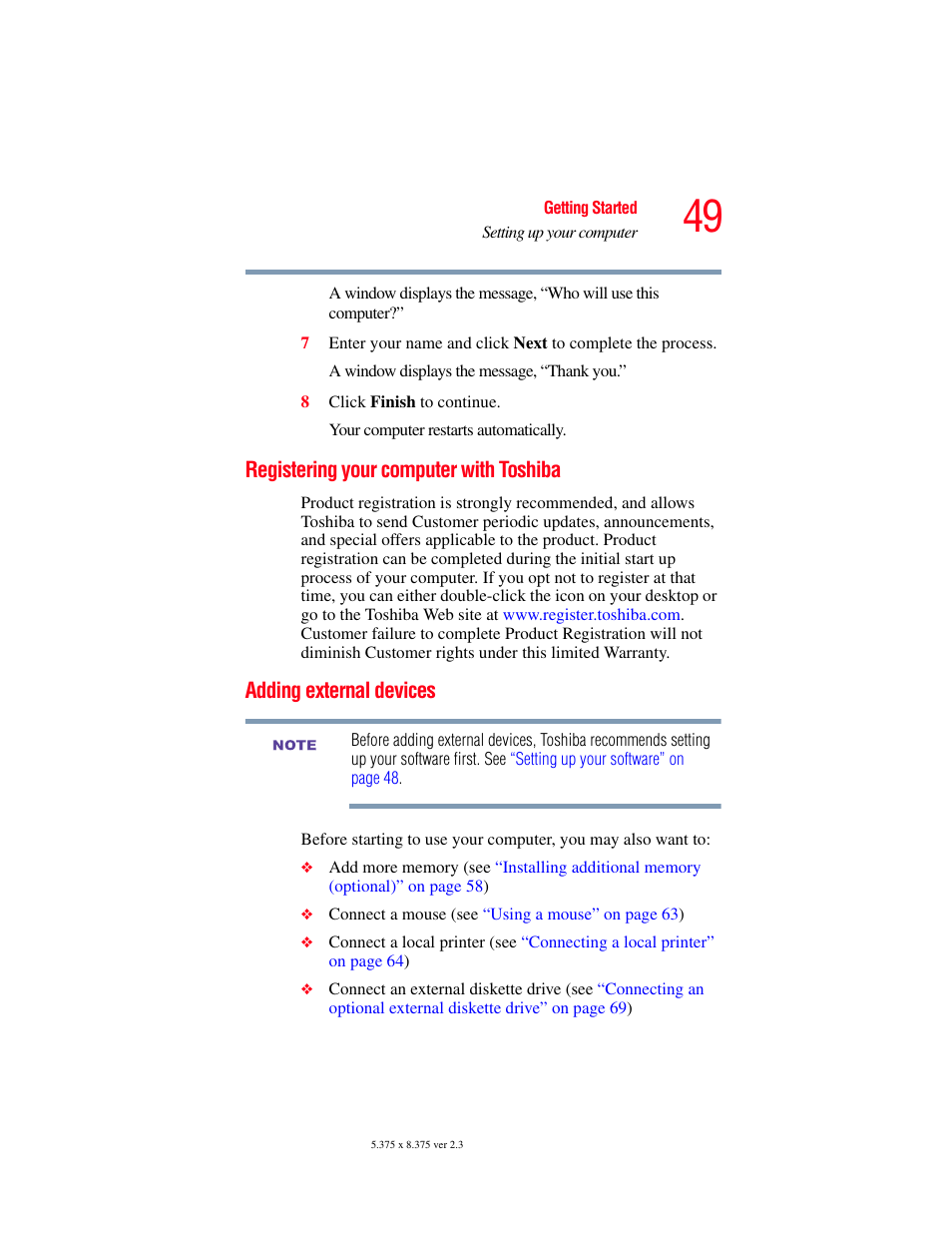 Registering your computer with toshiba, Adding external devices | Toshiba SATELLITE M30X User Manual | Page 49 / 231
