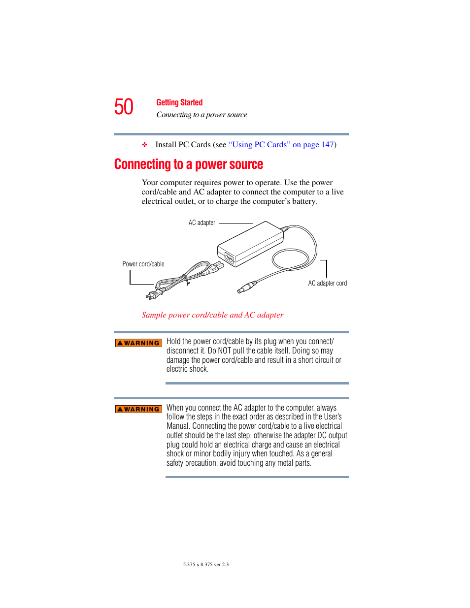 Connecting to a power source | Toshiba SATELLITE M30X User Manual | Page 50 / 231