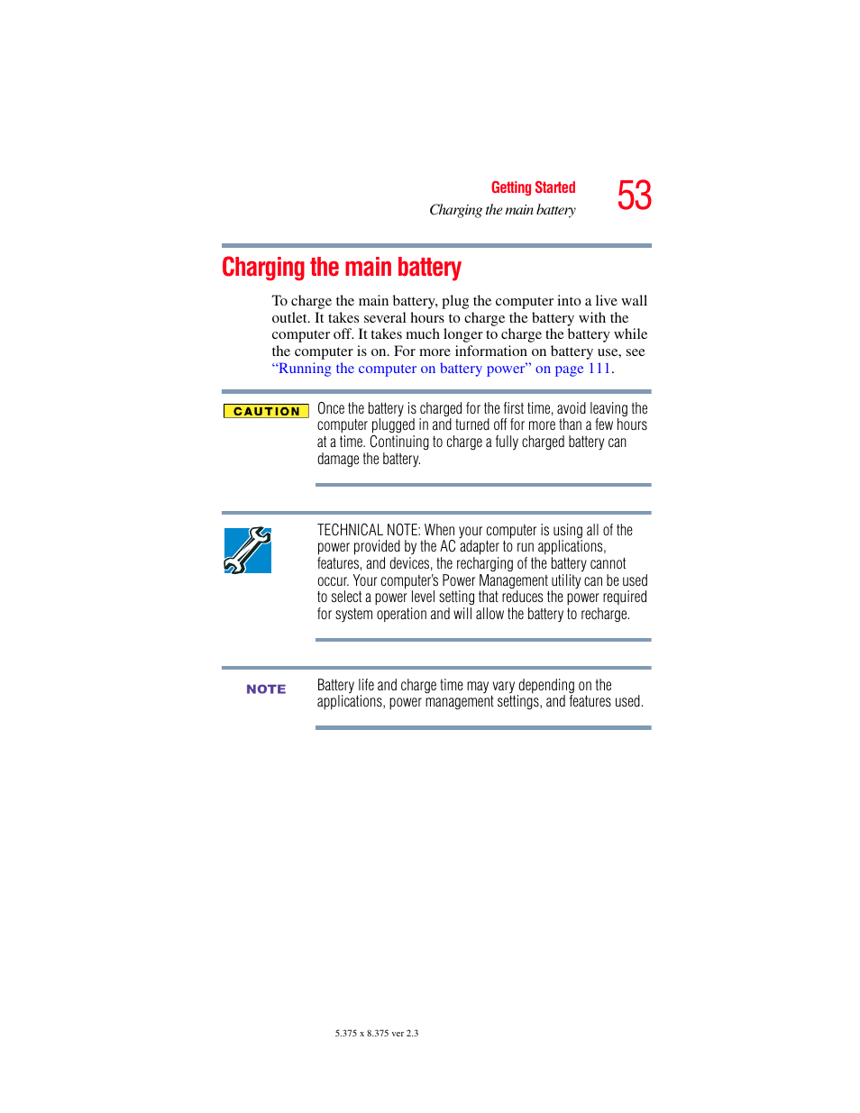 Charging the main battery | Toshiba SATELLITE M30X User Manual | Page 53 / 231