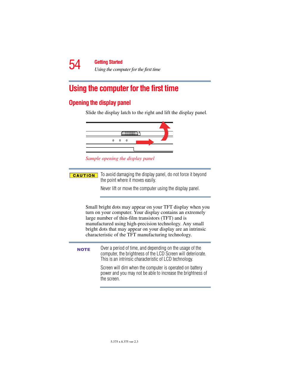 Using the computer for the first time, Opening the display panel | Toshiba SATELLITE M30X User Manual | Page 54 / 231