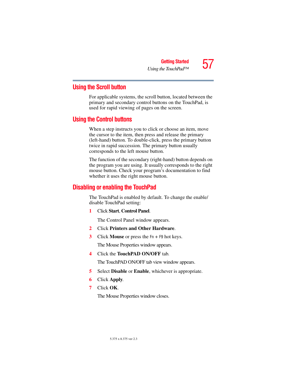 Using the scroll button, Using the control buttons, Disabling or enabling the touchpad | Toshiba SATELLITE M30X User Manual | Page 57 / 231