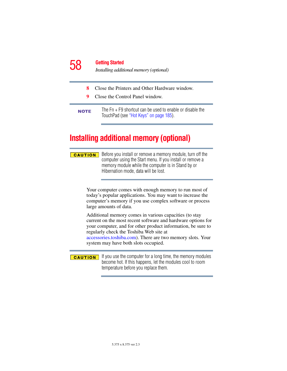 Installing additional memory (optional), Installing additional memory | Toshiba SATELLITE M30X User Manual | Page 58 / 231