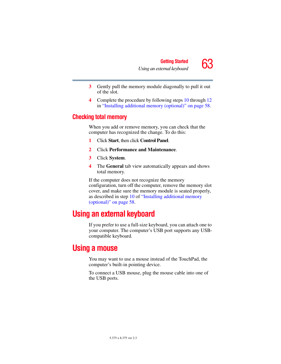 Checking total memory, Using an external keyboard, Using a mouse | Using an external keyboard using a mouse | Toshiba SATELLITE M30X User Manual | Page 63 / 231