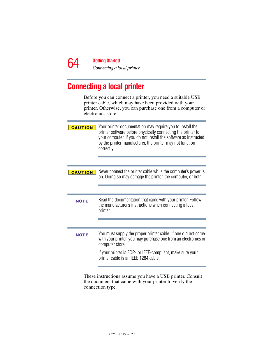 Connecting a local printer, Connect a local printer (see | Toshiba SATELLITE M30X User Manual | Page 64 / 231