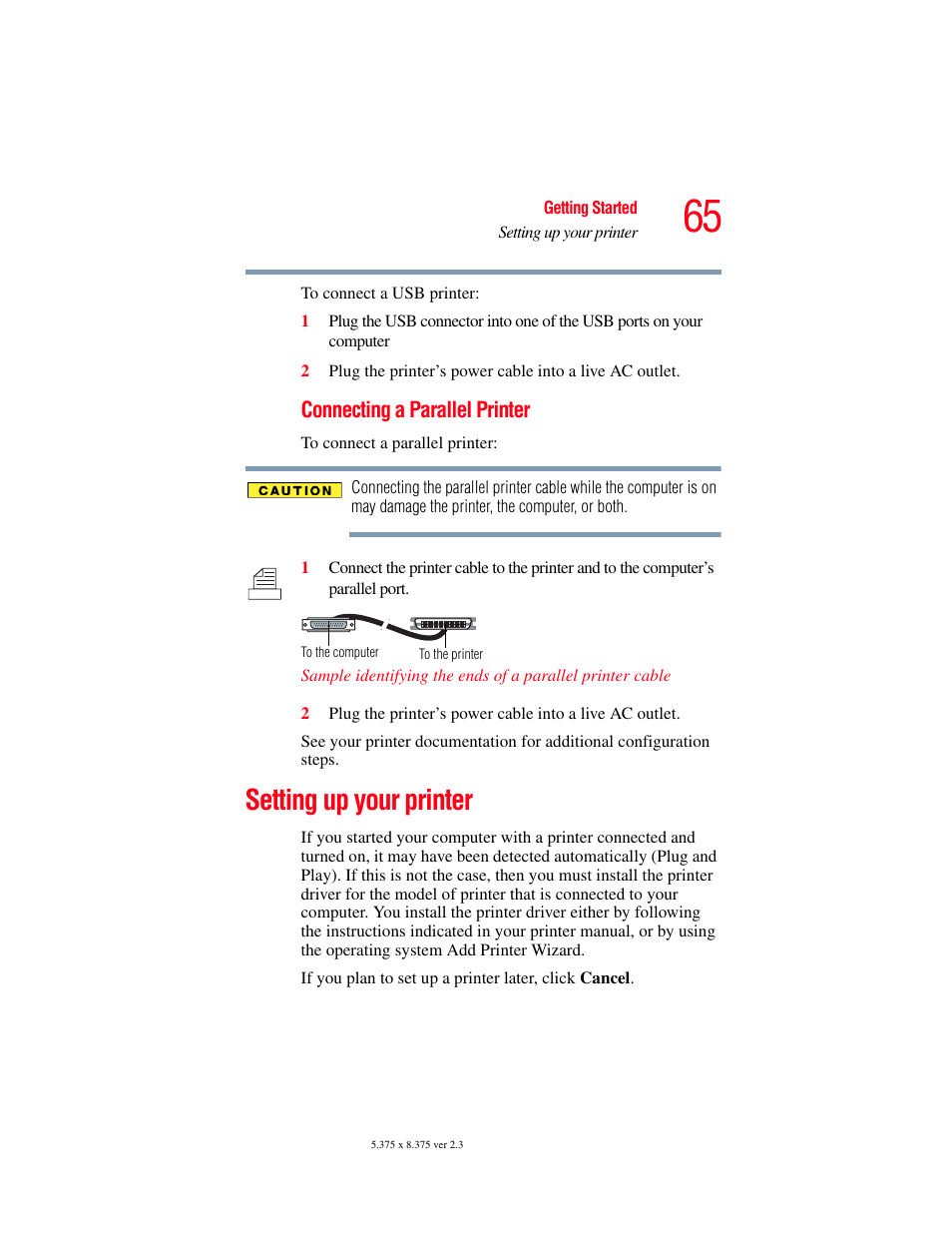 Setting up your printer | Toshiba SATELLITE M30X User Manual | Page 65 / 231