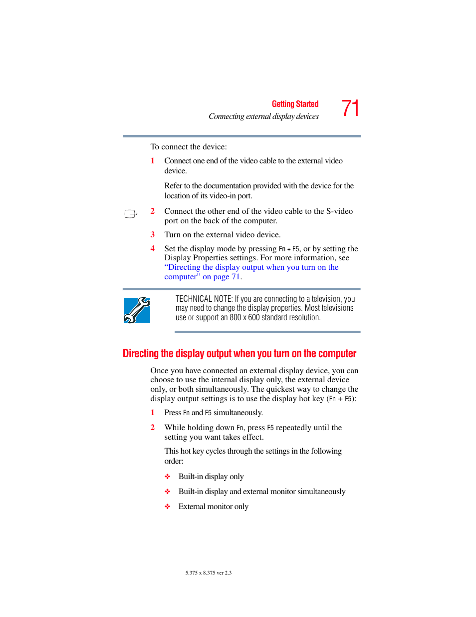 Directing the display output when you turn, On the computer | Toshiba SATELLITE M30X User Manual | Page 71 / 231