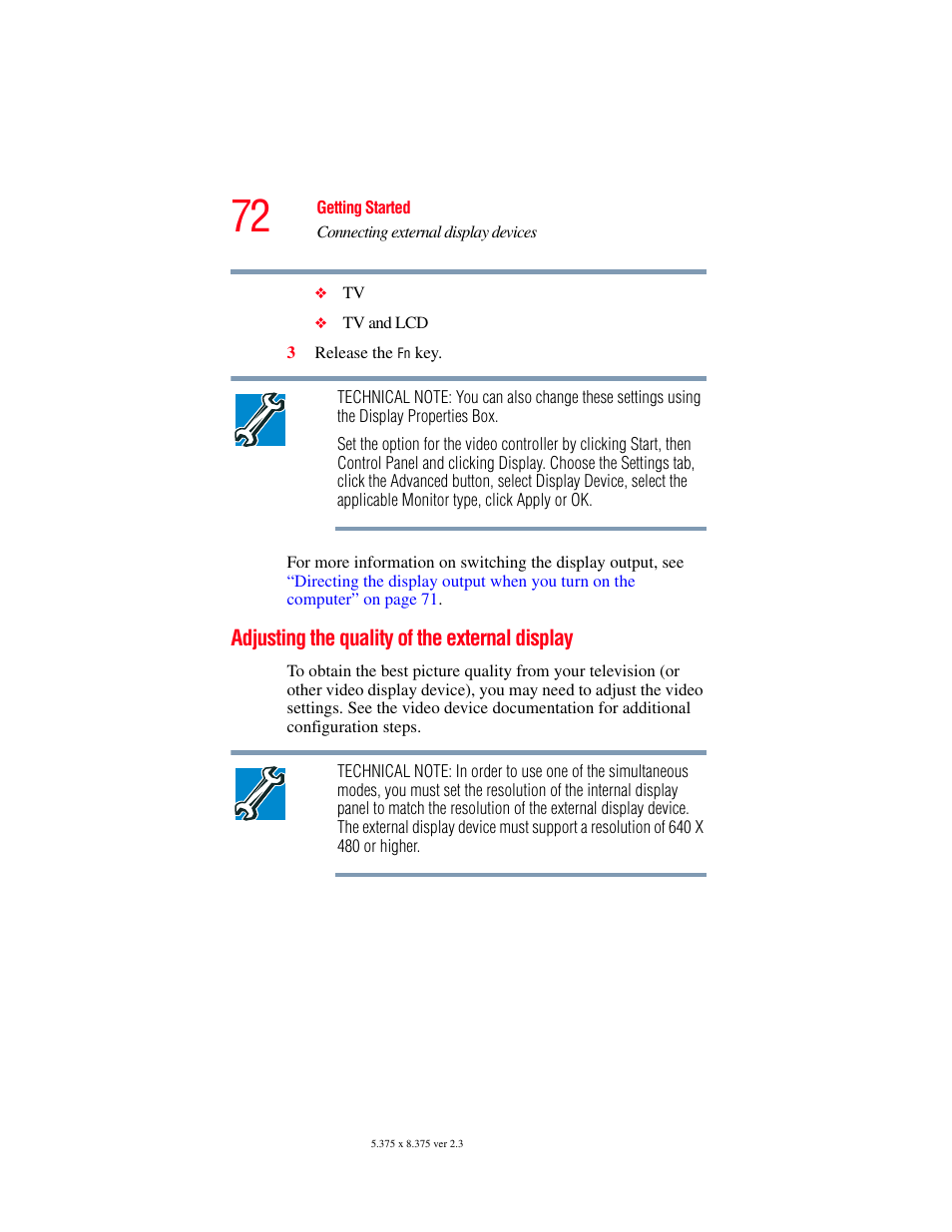 Adjusting the quality of the external display | Toshiba SATELLITE M30X User Manual | Page 72 / 231