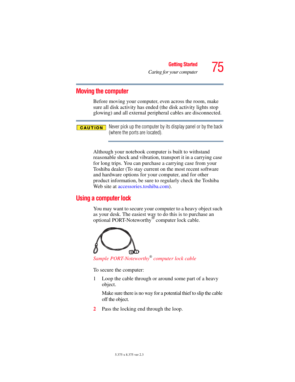 Moving the computer, Using a computer lock, Moving the computer using a computer lock | Toshiba SATELLITE M30X User Manual | Page 75 / 231