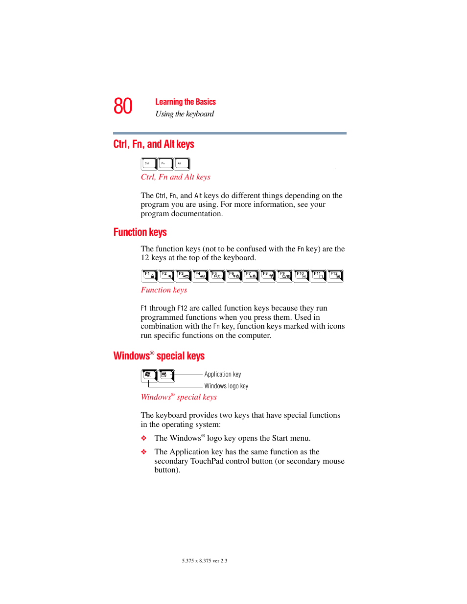 Ctrl, fn, and alt keys, Function keys, Windows® special keys | Ctrl, fn, and alt keys function keys, Windows, Special keys | Toshiba SATELLITE M30X User Manual | Page 80 / 231