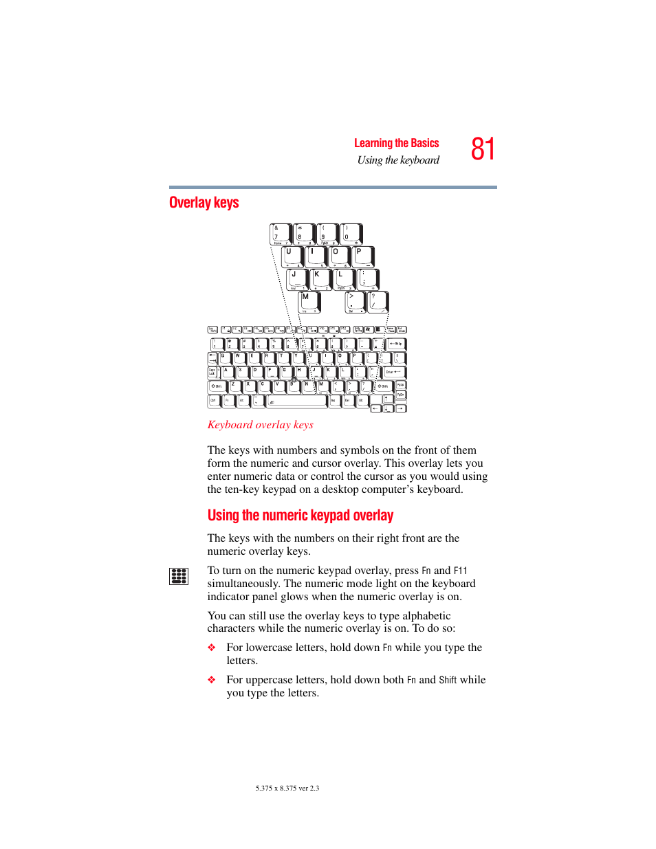 Overlay keys, Using the numeric keypad overlay | Toshiba SATELLITE M30X User Manual | Page 81 / 231