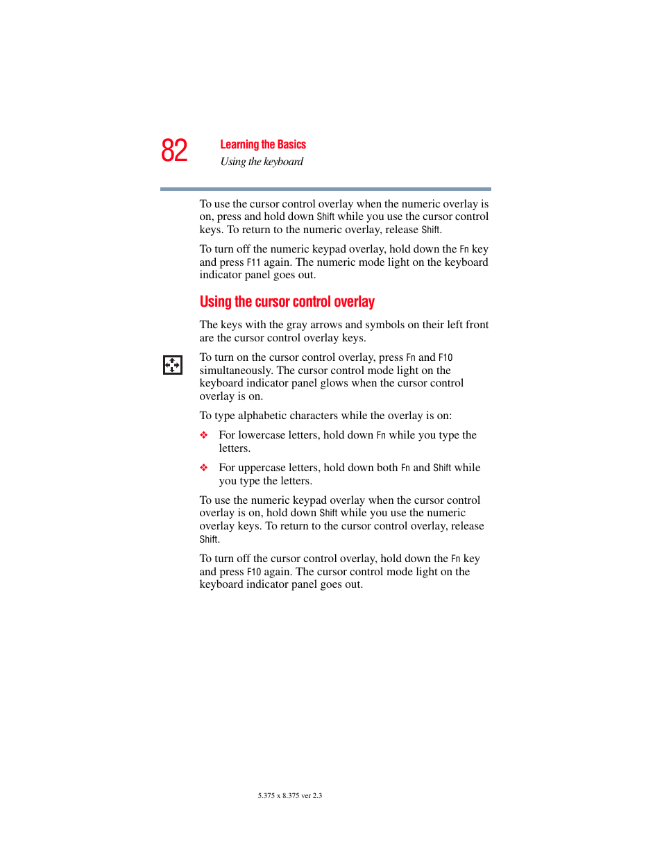 Using the cursor control overlay | Toshiba SATELLITE M30X User Manual | Page 82 / 231