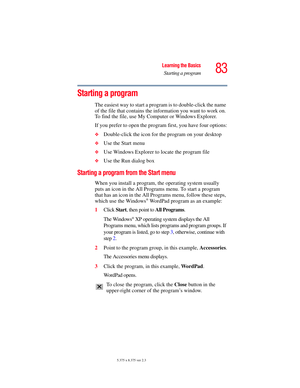 Starting a program, Starting a program from the start menu | Toshiba SATELLITE M30X User Manual | Page 83 / 231