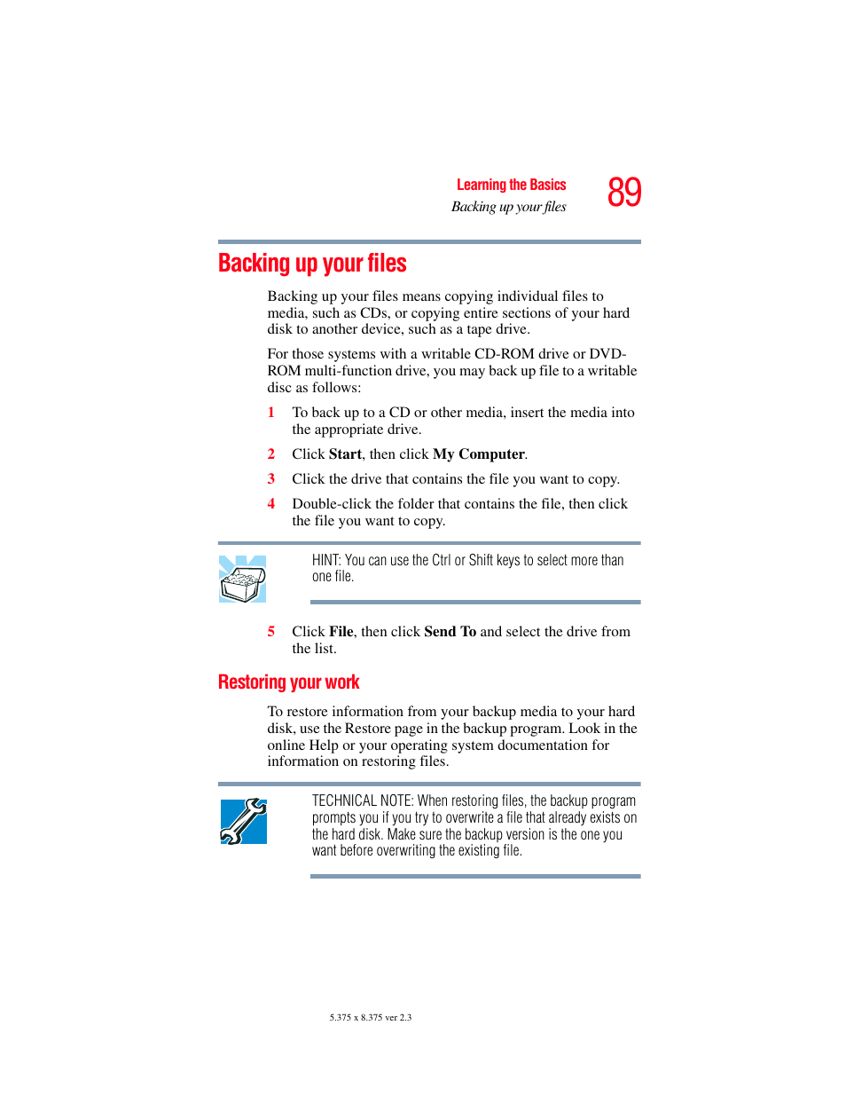 Backing up your files, Restoring your work | Toshiba SATELLITE M30X User Manual | Page 89 / 231