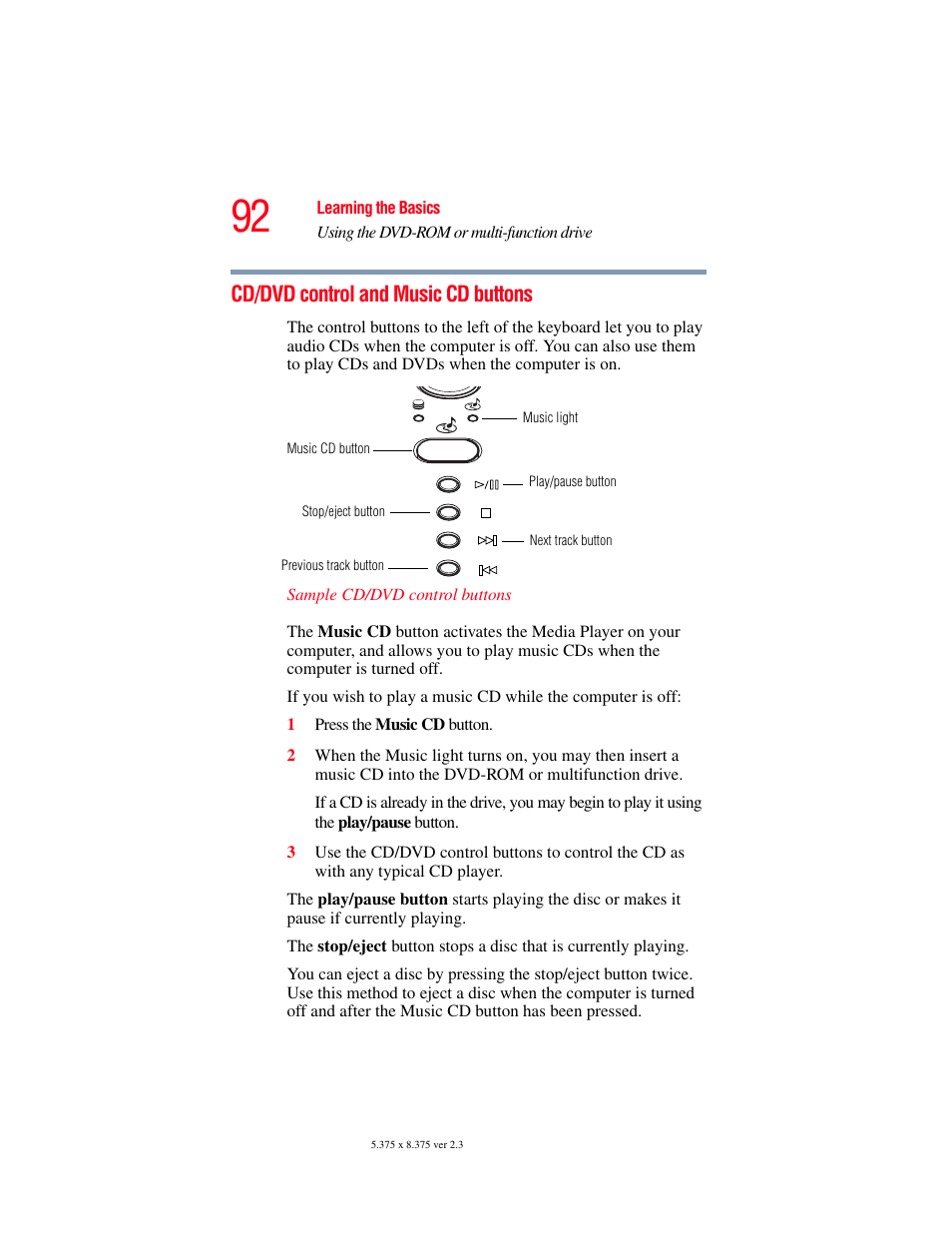 Cd/dvd control and music cd buttons | Toshiba SATELLITE M30X User Manual | Page 92 / 231