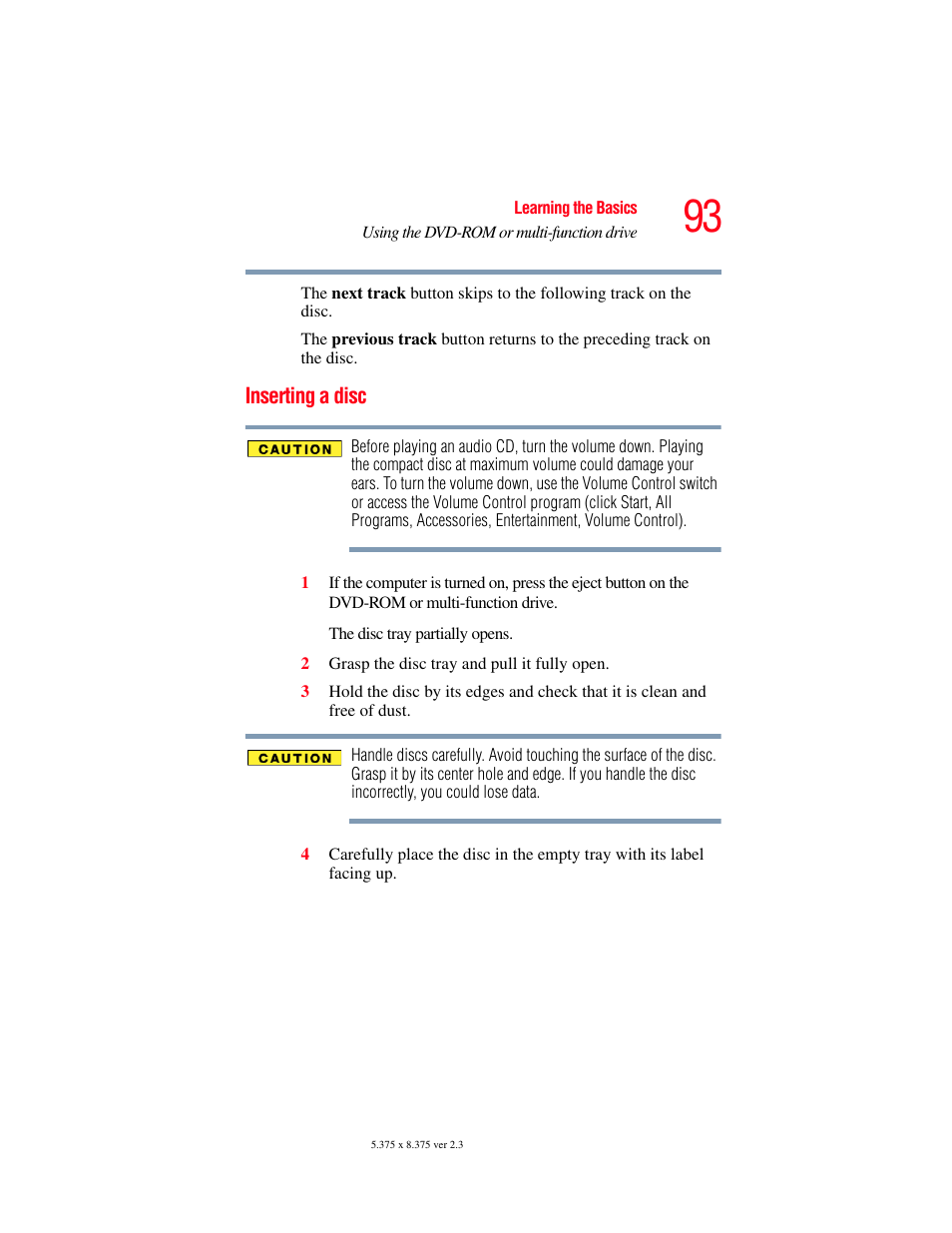 Inserting a disc | Toshiba SATELLITE M30X User Manual | Page 93 / 231