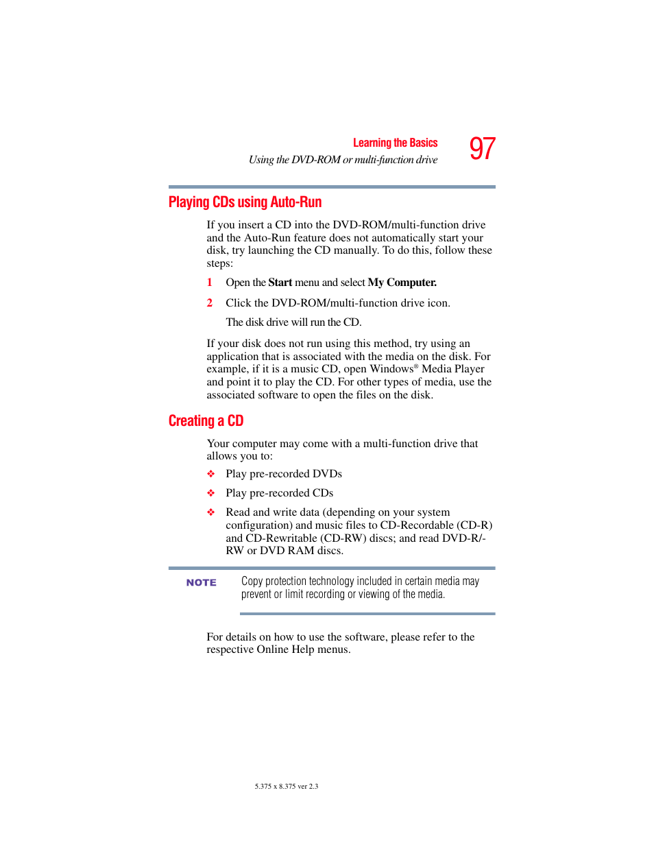 Playing cds using auto-run, Creating a cd, Playing cds using auto-run creating a cd | Toshiba SATELLITE M30X User Manual | Page 97 / 231