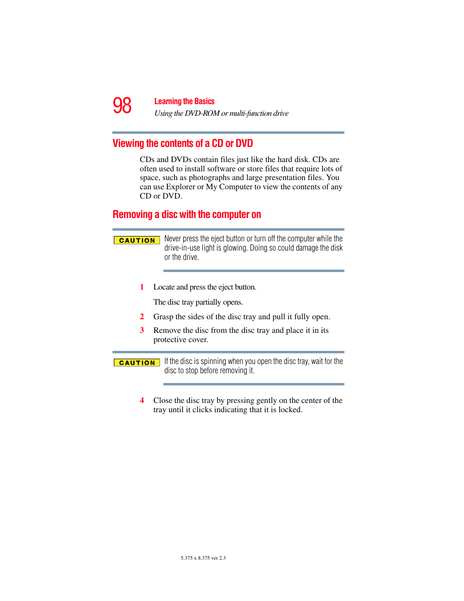 Viewing the contents of a cd or dvd, Removing a disc with the computer on | Toshiba SATELLITE M30X User Manual | Page 98 / 231