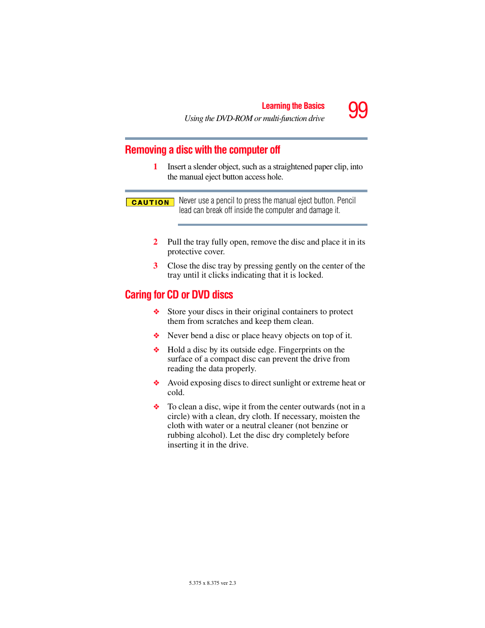 Removing a disc with the computer off, Caring for cd or dvd discs | Toshiba SATELLITE M30X User Manual | Page 99 / 231