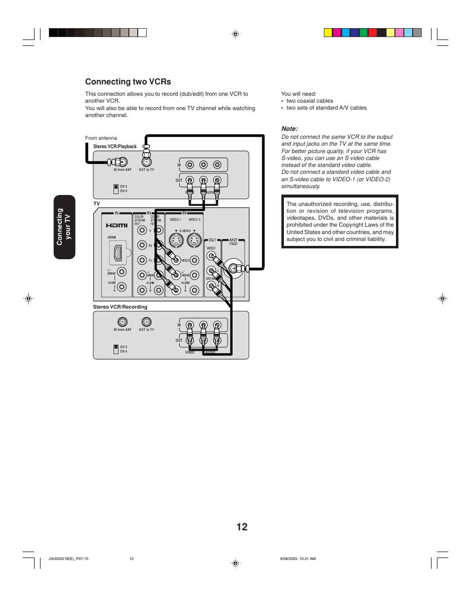 Connecting two vcrs, Connecting your tv | Toshiba 34HFX85 User Manual | Page 12 / 48