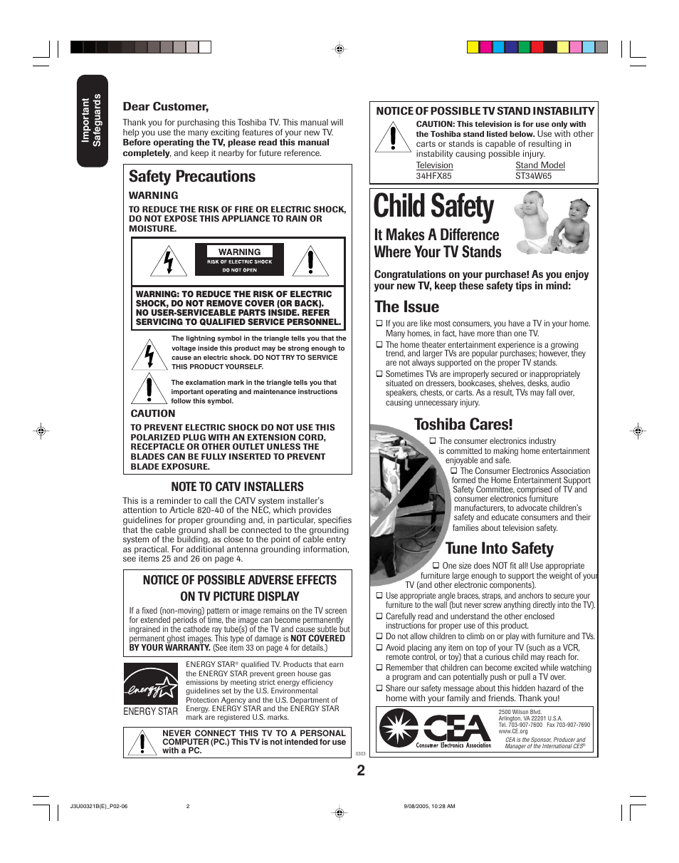 Child safety, It makes a difference where your tv stands, The issue | Toshiba cares, Tune into safety, Safety precautions | Toshiba 34HFX85 User Manual | Page 2 / 48