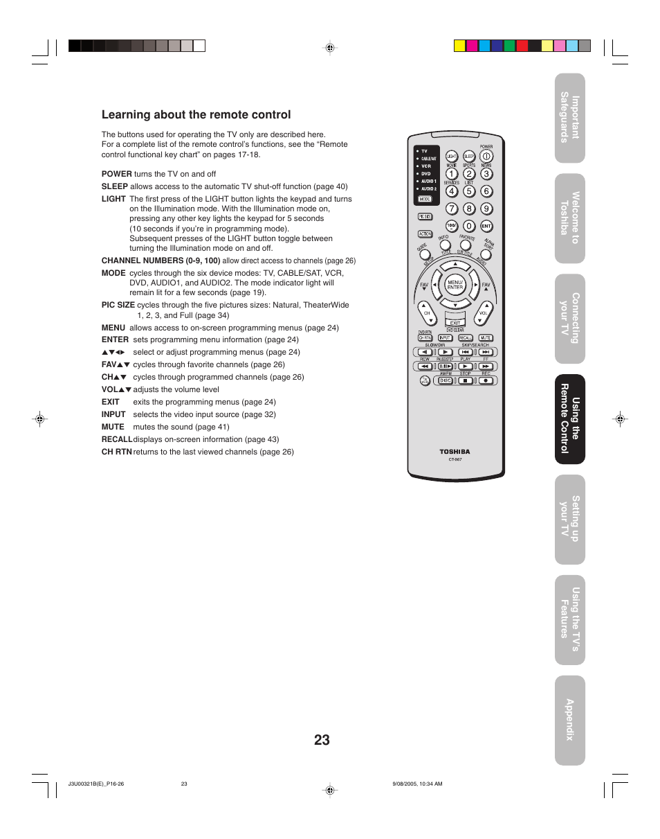 Learning about the remote control | Toshiba 34HFX85 User Manual | Page 23 / 48