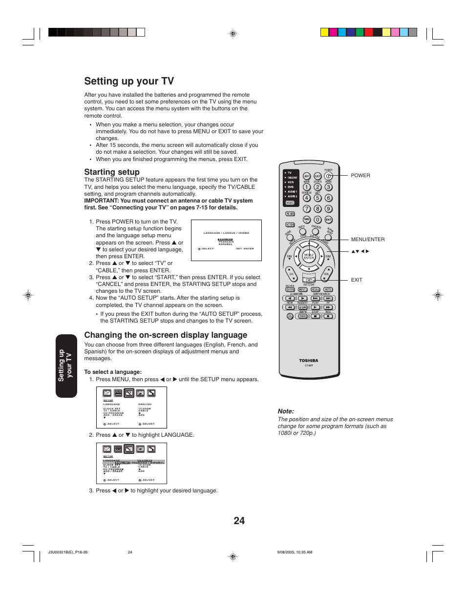 24 setting up your tv, Starting setup, Changing the on-screen display language | Setting up your tv | Toshiba 34HFX85 User Manual | Page 24 / 48