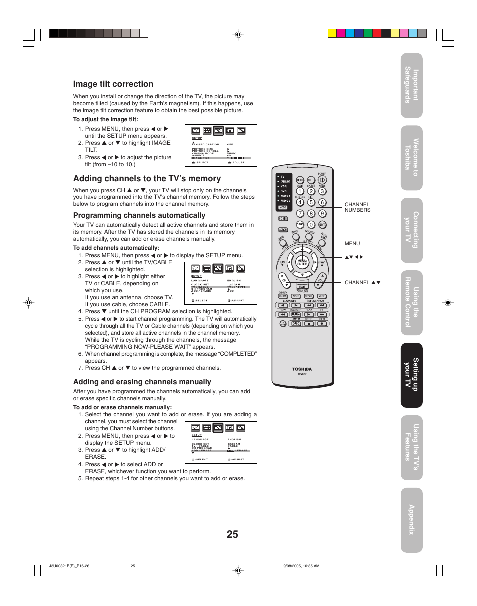 Image tilt correction, Programming channels automatically, Adding and erasing channels manually | Setting up your tv | Toshiba 34HFX85 User Manual | Page 25 / 48