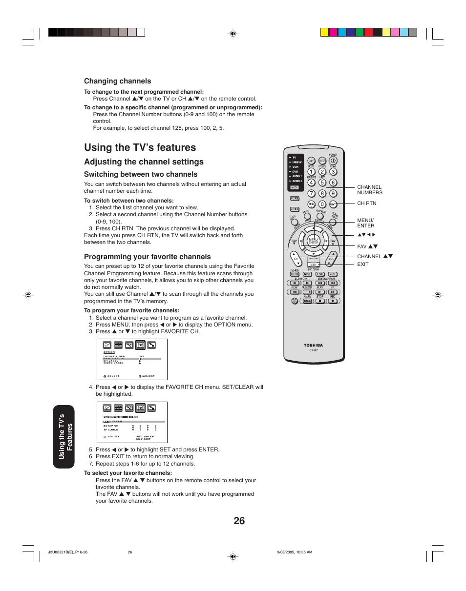 Using the tv’s features, Adjusting the channel settings, Changing channels | Switching between two channels, Programming your favorite channels, Using the tv ’s features | Toshiba 34HFX85 User Manual | Page 26 / 48