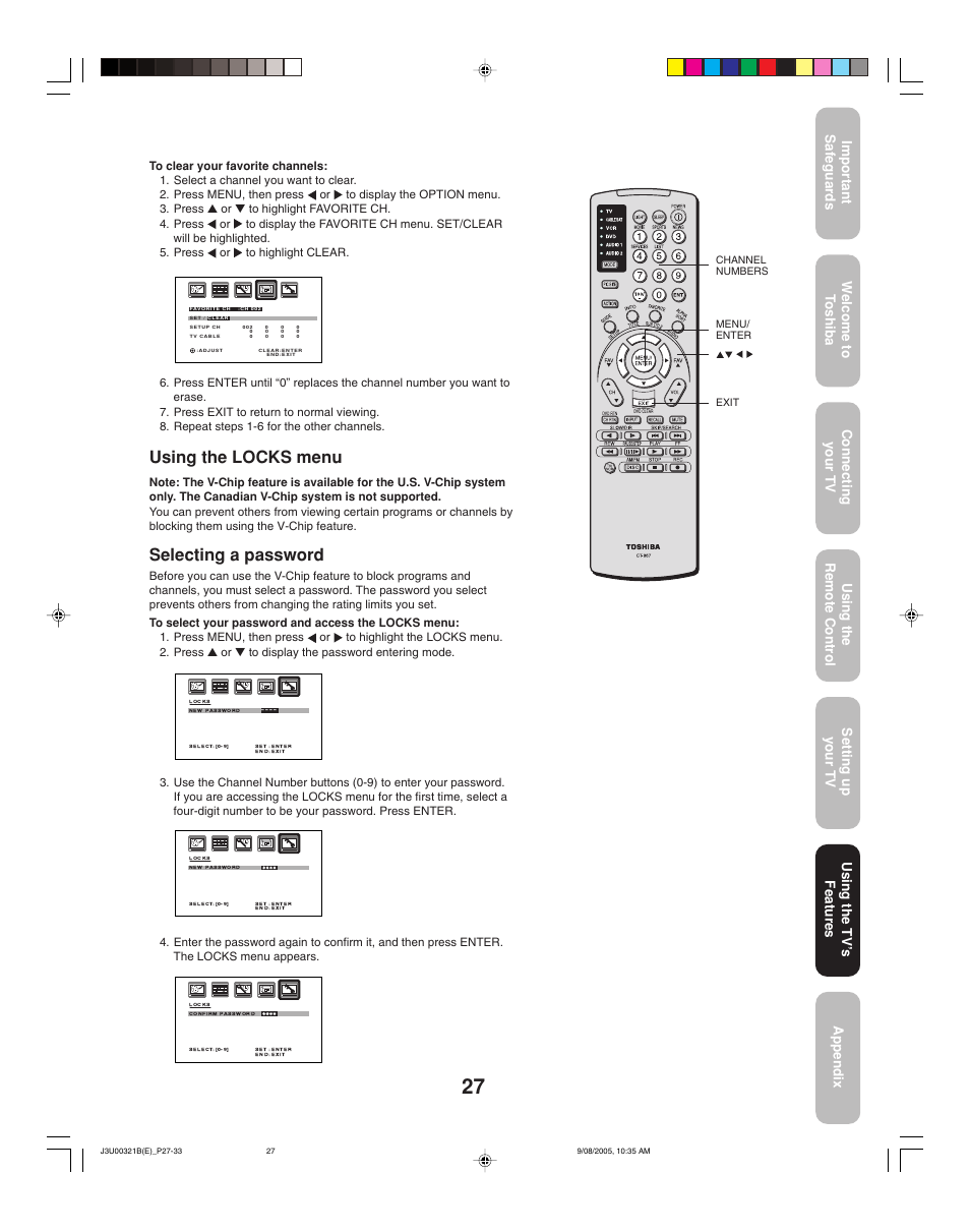Using the locks menu, Selecting a password, Using the tv ’s features | Toshiba 34HFX85 User Manual | Page 27 / 48