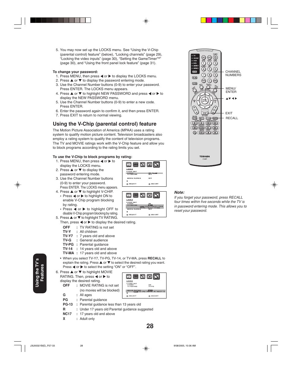 Using the v-chip (parental control) feature, Using the tv ’s features | Toshiba 34HFX85 User Manual | Page 28 / 48