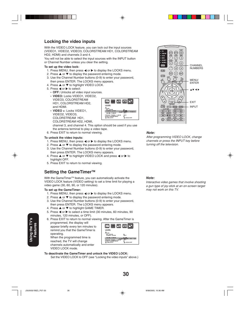 Locking the video inputs, Setting the gametimer, Using the tv ’s features | Toshiba 34HFX85 User Manual | Page 30 / 48