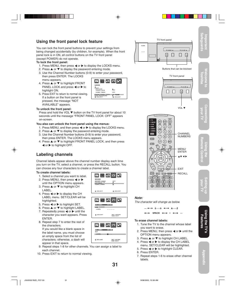 Using the front panel lock feature, Labeling channels, Using the tv ’s features | Toshiba 34HFX85 User Manual | Page 31 / 48