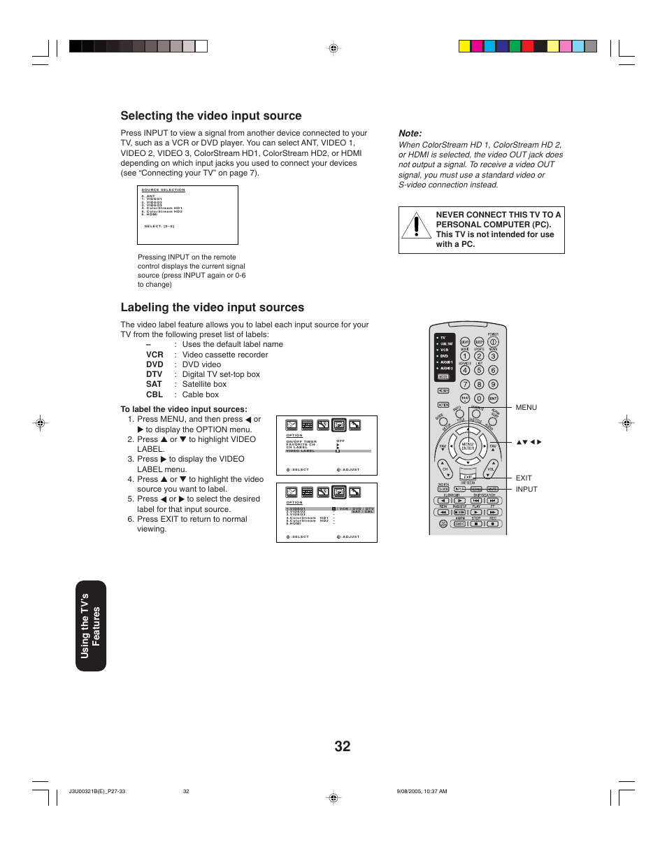 Selecting the video input source, Labeling the video input sources, Using the tv ’s features | Toshiba 34HFX85 User Manual | Page 32 / 48