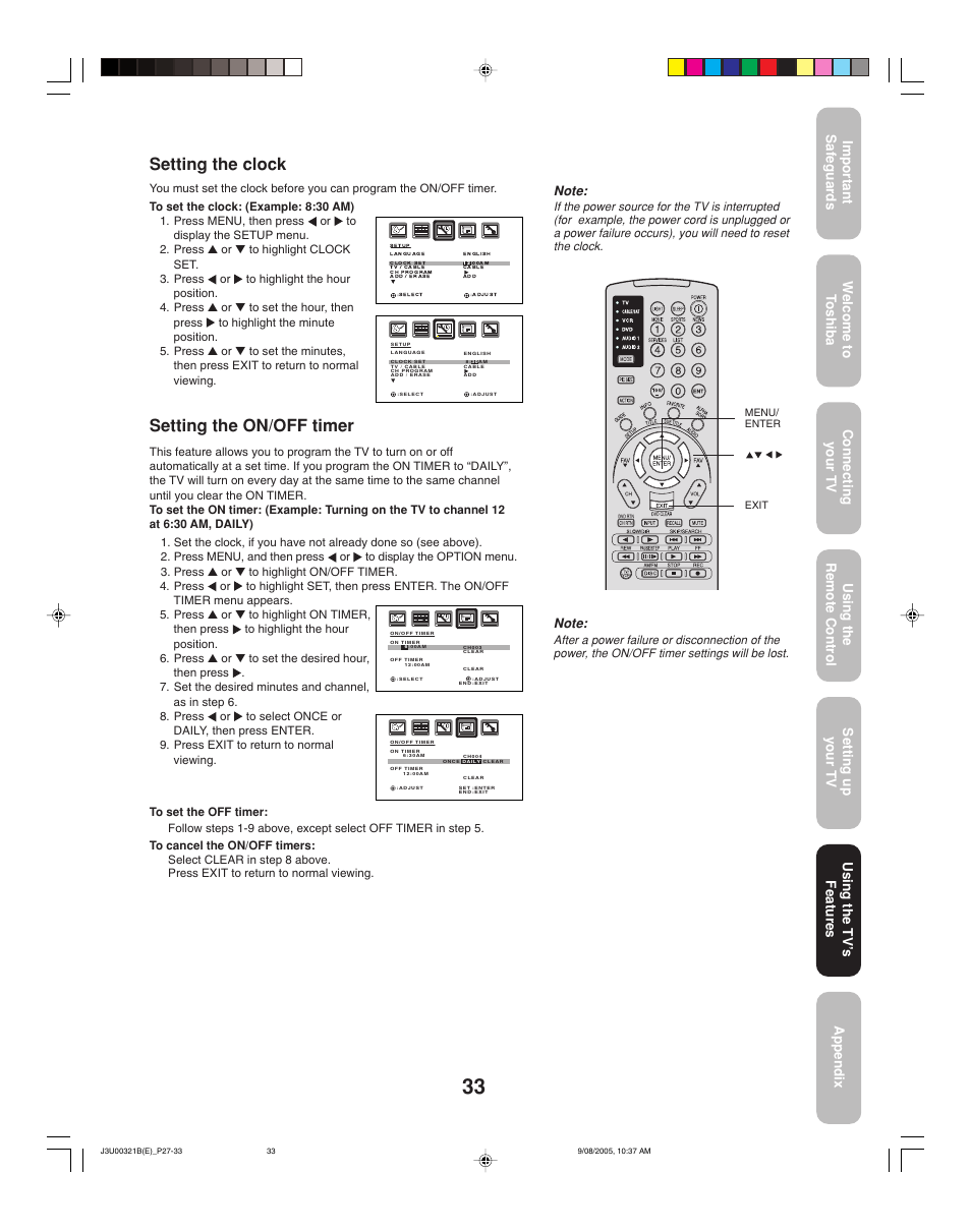 Setting the clock, Setting the on/off timer, Using the tv ’s features | Toshiba 34HFX85 User Manual | Page 33 / 48