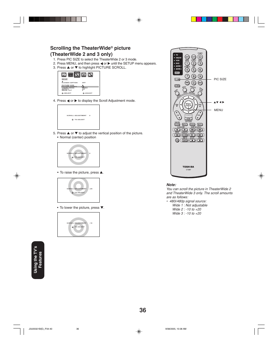 Scrolling the theaterwide, Picture (theaterwide 2 and 3 only), Using the tv ’s features | Toshiba 34HFX85 User Manual | Page 36 / 48