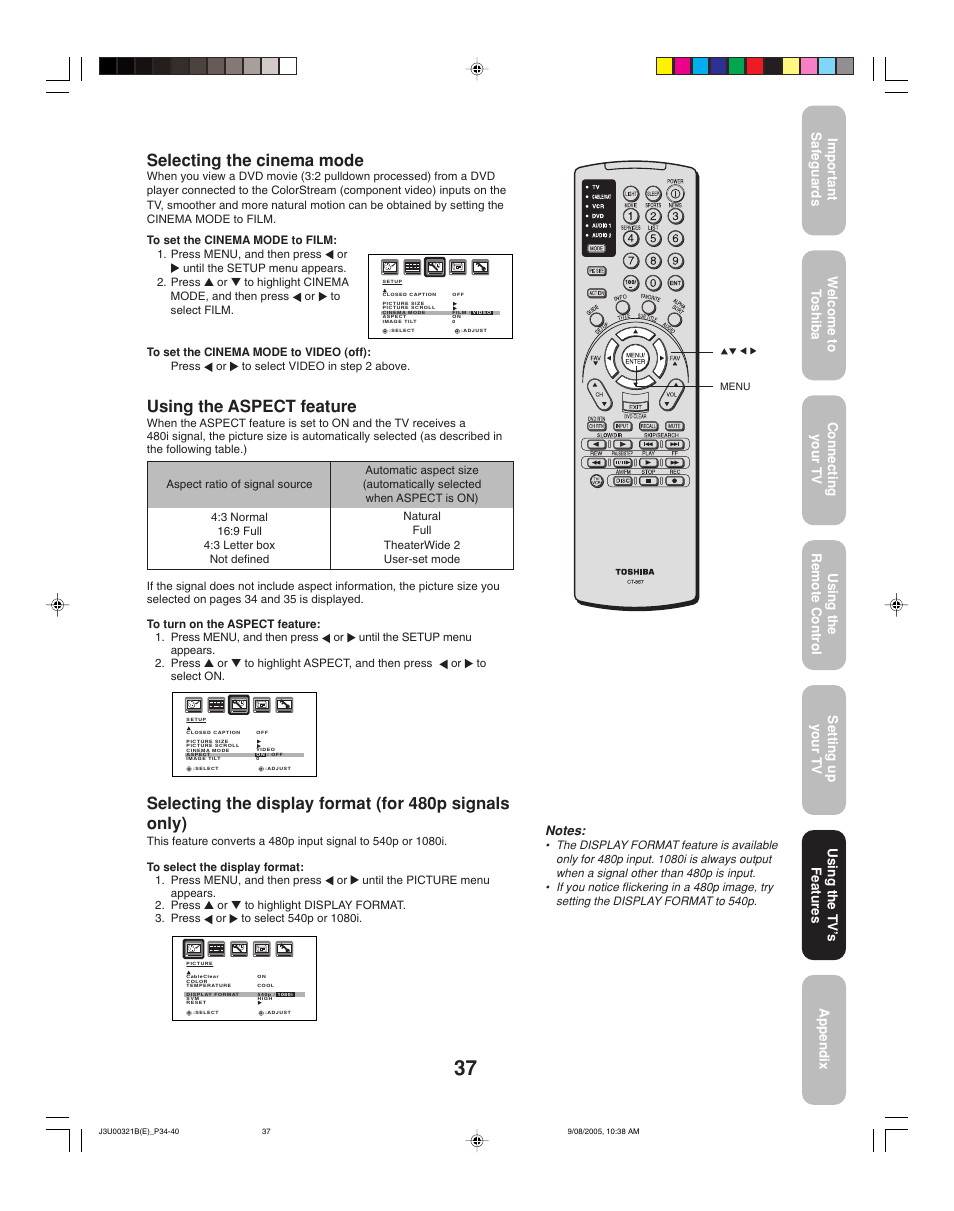 Selecting the cinema mode, Using the aspect feature, Using the tv ’s features | Toshiba 34HFX85 User Manual | Page 37 / 48