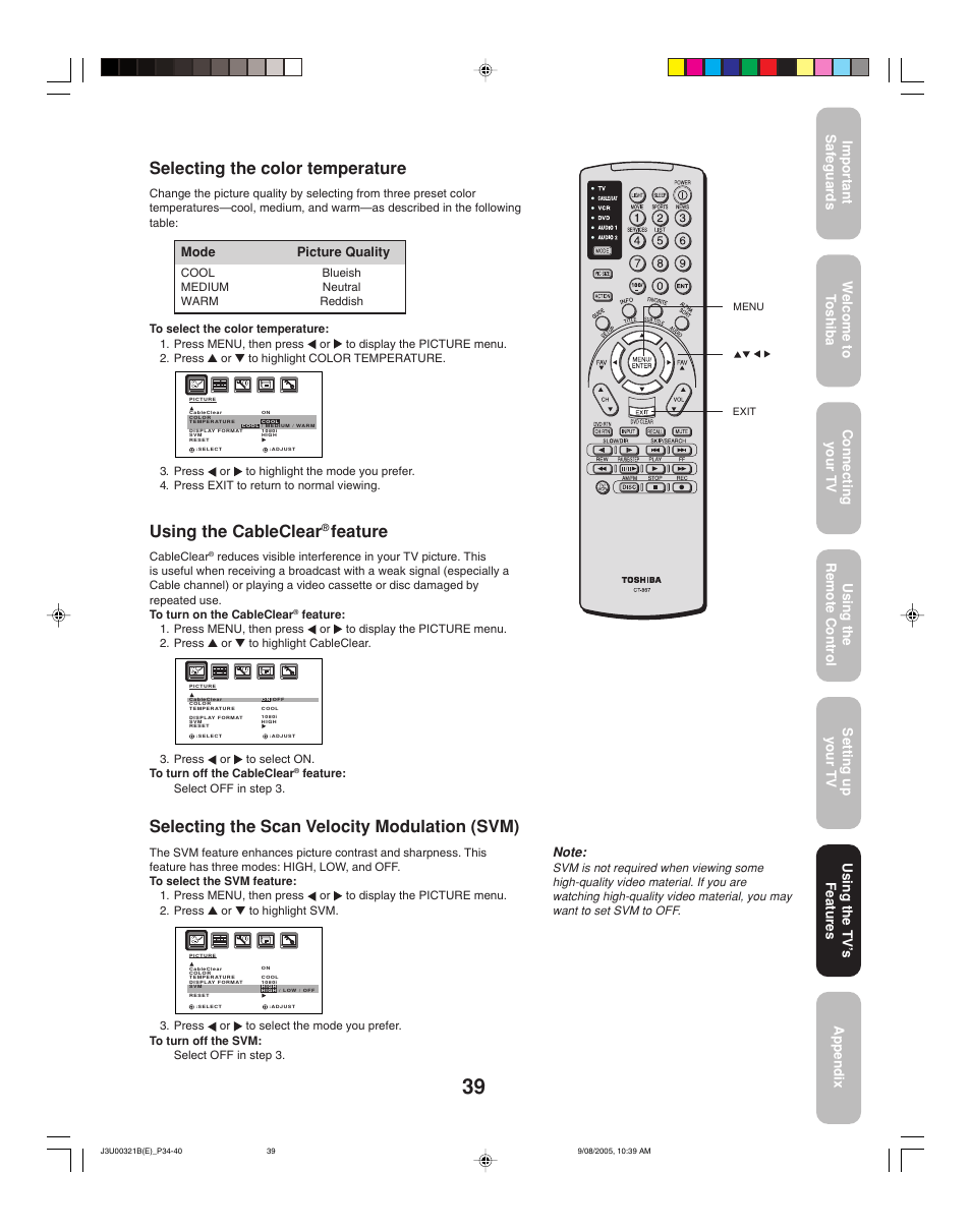 Selecting the color temperature, Using the cableclear, Feature | Selecting the scan velocity modulation (svm), Using the tv ’s features | Toshiba 34HFX85 User Manual | Page 39 / 48