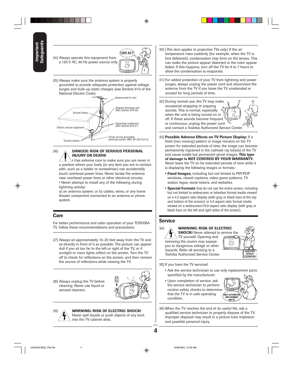 Care, Service | Toshiba 34HFX85 User Manual | Page 4 / 48