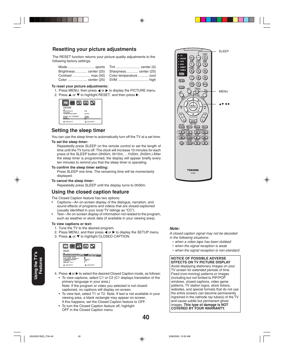 Setting the sleep timer, Using the closed caption feature, Resetting your picture adjustments | Using the tv ’s features | Toshiba 34HFX85 User Manual | Page 40 / 48
