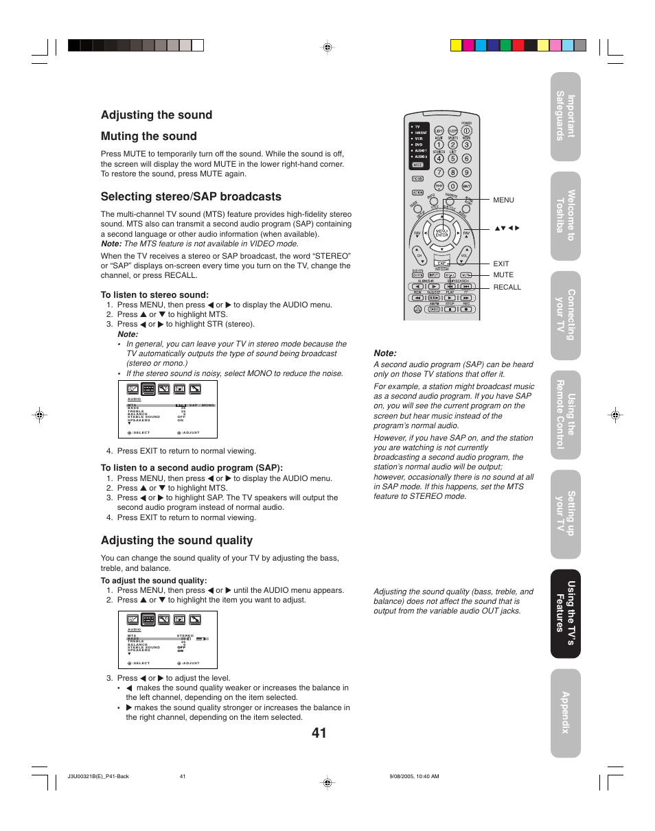 Adjusting the sound quality, Adjusting the sound muting the sound, Selecting stereo/sap broadcasts | Toshiba 34HFX85 User Manual | Page 41 / 48