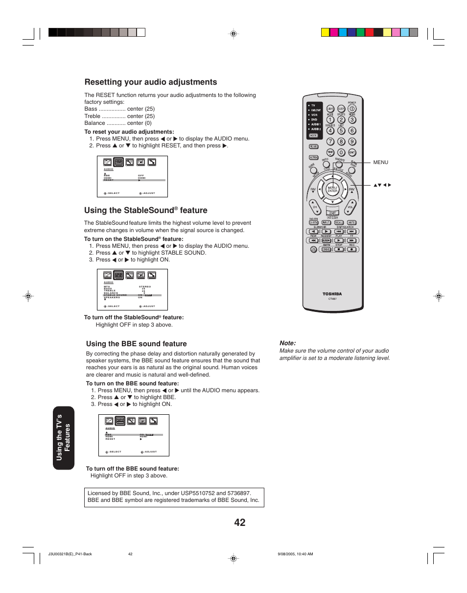 Using the stablesound, Feature, Resetting your audio adjustments | Using the bbe sound feature, Using the tv ’s features | Toshiba 34HFX85 User Manual | Page 42 / 48