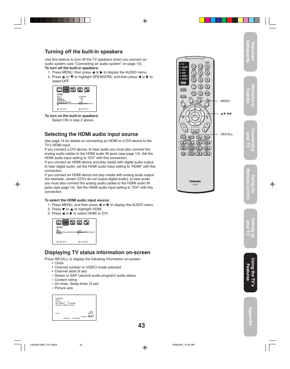 Displaying tv status information on-screen, Selecting the hdmi audio input source, Turning off the built-in speakers | Using the tv ’s features | Toshiba 34HFX85 User Manual | Page 43 / 48