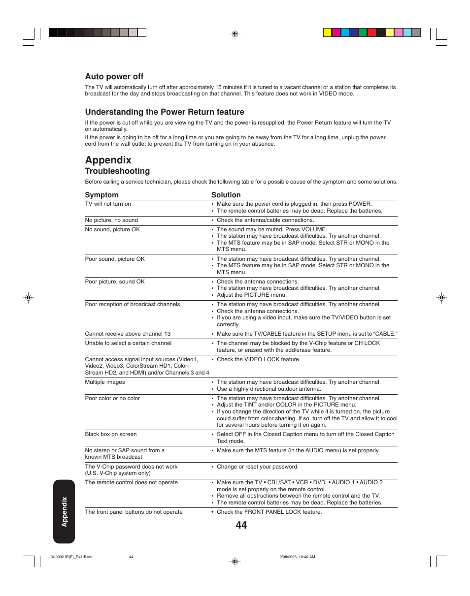 Appendix, Troubleshooting, Auto power off | Understanding the power return feature | Toshiba 34HFX85 User Manual | Page 44 / 48